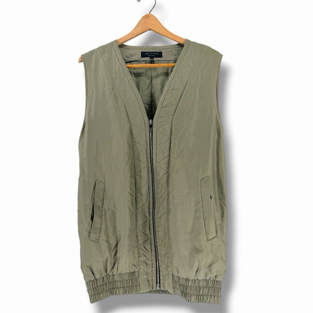 Rag Bone Womens Vetiver Green Runway Silk Front Side Zip Welt Pockets Vest Top M